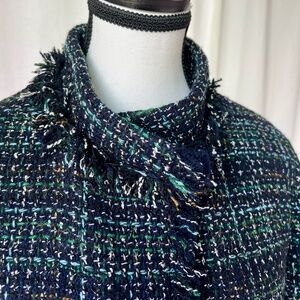 Akris Punto Evening Jacket NWT Size 42 US 10Tweed Multi Blues w Green & Fringe